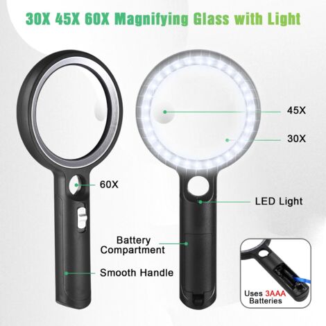 Loupe De Lecture Lumineuse Avec 31 LEDs - Grossissements 5X, 13X, 20X, Piles Incluses