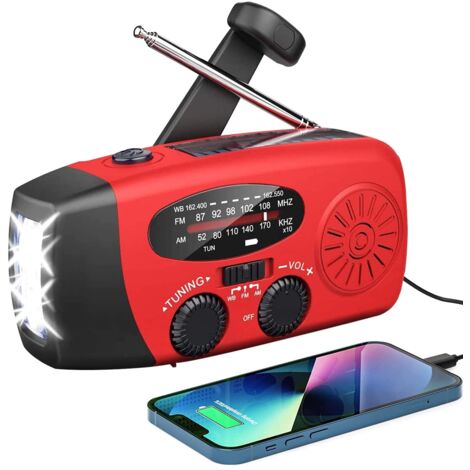 Solaire d’Urgence, Radio à Manivelle Auto-alimentée avec Lampe de Poche LED, Météo AM/FM/WB avec Batterie Rechargeable 2000mAh pour Le Chargement d’Urgence du Téléphone Intelligent (1/5)