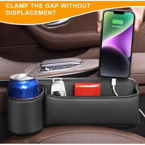 Organiseur Latéral Siège Voiture En Cuir PU - Rangement Téléphone, Portefeuille Et Clés Avec Passage USB, Noir