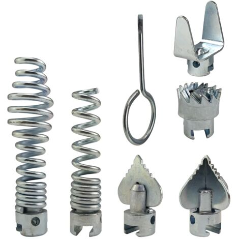 Lot de 7 têtes de coupe combinées pour déboucher les canalisations – Acier au manganèse – Têtes droite en spirale, graisse, olive, pelle – Verrouillage automatique