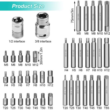 40 Pièces Kit Douilles Torx Hexagonal Spline – Coffret Pro 3/8" & 1/2" – Embouts Mâles Pour Réparation Auto Mécanique