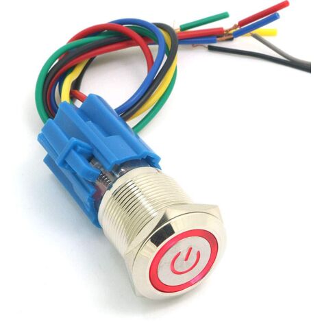 19mm 12V Bouton-poussoir Momentané Commutateur Symbole de puissance Symbole Angel Eye LED Lumière Bouton-poussoir en métal avec fiche Fil - Rouge (1/5)