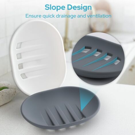 2 Pièces Porte-Savon Silicone Antidérapant Avec Évacuation - Blanc Gris - Salle De Bain Et Cuisine