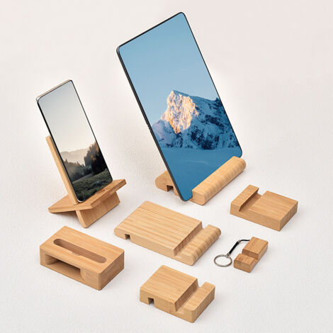 Lot De 2 Supports Téléphone En Bambou Naturel Avec Trou De Charge – Support Bureau Pour IPhone, Smartphone, IPad, Tablette – Design Minimaliste