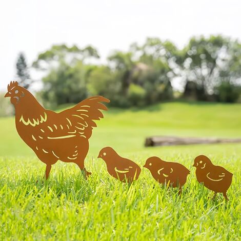 Lot De 4 Piquets Jardin Métal Poules Voarge - Décoration Extérieur Patinée Rouille, Pour Pelouse Ou Pot