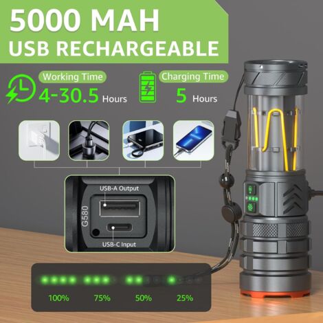 Lampe Torche Tactique NEXTOOL 3600 Lumens - Portée 450m - Batterie Rechargeable 10000mAh - 5 Modes - Puissante Et Portable