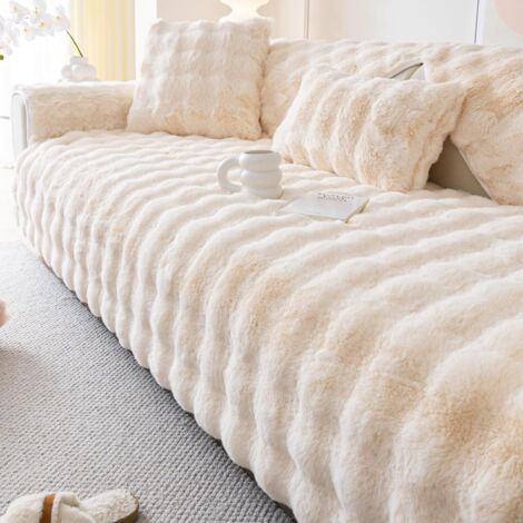 Faux fur sofa cover, rabbit fur plush material, anti-slip design, protects furniture (white, 90 x 180 cm, three-seater sofa cover)