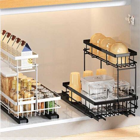 Mointal Lot de 2 Tiroirs Coulissants Cuisine, Tiroir Télescopique Métallique, Largeur 32–53 cm, Organisateur d'Armoire, Montage Ruban/Vis, Noir