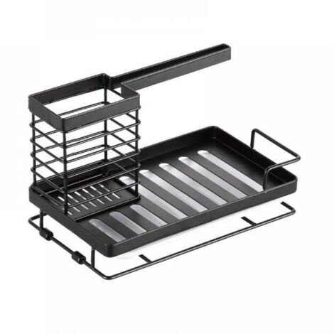 Organisateur d'évier, porte-éponge de cuisine, organisateur d'évier avec porte-torchon et boîte de rangement, avec bac de vidange automatique, Noir Organisateur d'évier, porte-éponge de cuisine, organisateur d'évier avec porte-torchon et boîte de rangement, avec bac de vidange automatique, Noir