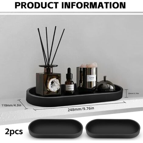 Plateau Diatomite Lot De 2 Plateaux Décoratifs Rectangulaires Silicone Noir - Rangement Salle De Bain, Toilette, Bureau, 20x10cm