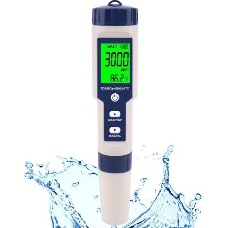 Testeur de sel et pH-mètre numérique 5 en 1 – Salinité, pH, température, EC, TDS – Haute précision pour piscine, jacuzzi, aquariums