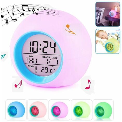 Réveil lumineux enfant – 7 couleurs LED – 6 sons naturels – Affichage clair – Matériau ABS – Fonction alarme douce