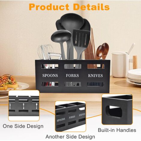 Porte-ustensiles Noir 2 Porte-ustensiles Cuisine Acier Inoxydable - Rangement Couverts Et Spatules - Design Creux Aération - Noir Rangement Plan Travail
