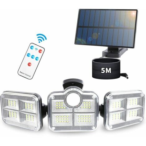 Lumière Solaire Extérieure avec Détecteur de Mouvement, 122 LEDs Lampe Solaire Exterieur avec Télécommande, 1200 lumens Projecteur Solaire, Spot Solaire pour Jardin avec Câble de 5 m, IP65 étanche (1/5)