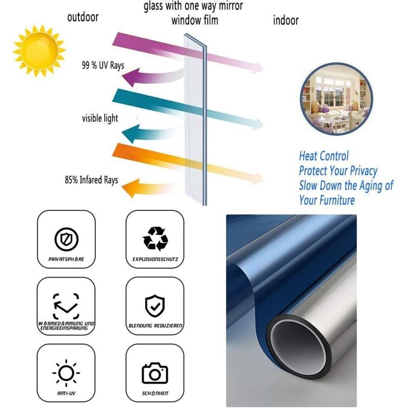 Pellicola per la privacy delle finestre Privacy diurna unidirezionale Adesivo statico Blocco solare Anti UV Specchio riflettente Tinta per finestre per casa e ufficio  15