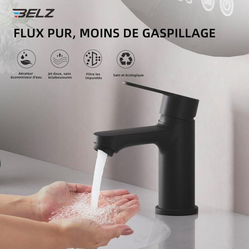 BELZ Mitigeur Lavabo Monocommande – Robinet Salle De Bain Économe Chromé, Anti-Fuite, Installation Facile