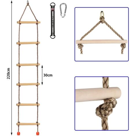 Échelle De Corde En Bois Pour Enfants – 220 Cm Avec Mousquetons – Équipement D’Escalade Pour Balançoire, Arbre, Jeux Extérieur – Motricité Et Équilibre – Cadeau