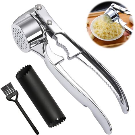 Presse Ail Inox Résistant au Lave-Vaisselle, Presse Ail avec Éplucheur en Silicone et Brosse de Nettoyage, Outil de Cuisine Ergonomique pour Ail Gingembre Noix (1/5)