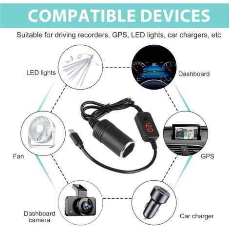 GELRHONR Câble Adaptateur USB Vers Allume-Cigare 12V 90 Degrés - Pour GPS Dash Cam 120cm