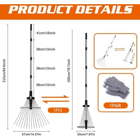 Râteau à Feuilles Réglable Avec Manche 215 Cm + Gants – Râteau Jardin Métal Extensible 20-37 Cm, Idéal Pelouse, Haies & Débris