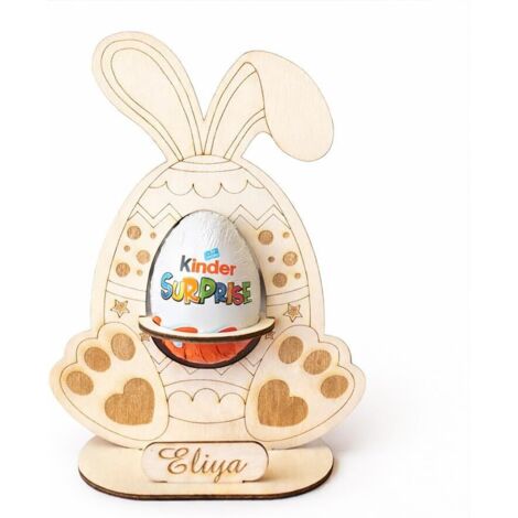 Support Œuf Kinder Personnalisé en Bois – Lapin de Pâques avec Prénom – Support Chocolat Kinder Surprise – Décoration de Table Pâques – Chasse aux Œufs Enfant – 13,5 x 19 cm (Œuf non inclus) (1/2)
