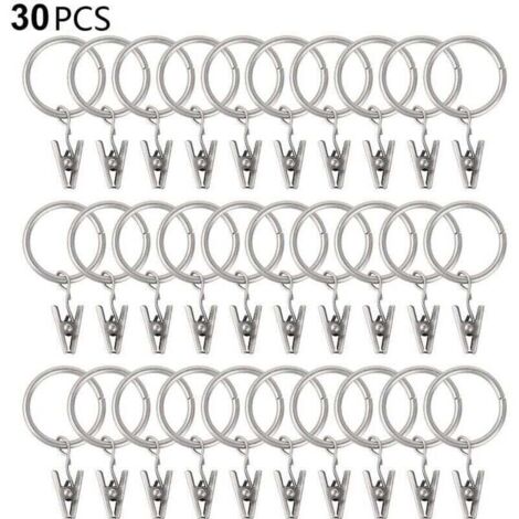 30 anneaux de rideau PCS avec pinces, pinces draperie solides, crochets sur support de tige de tension, diamtre intrieur oeillets en mtal rideaux dcoratifs cintres de fentre, argent (1/4)