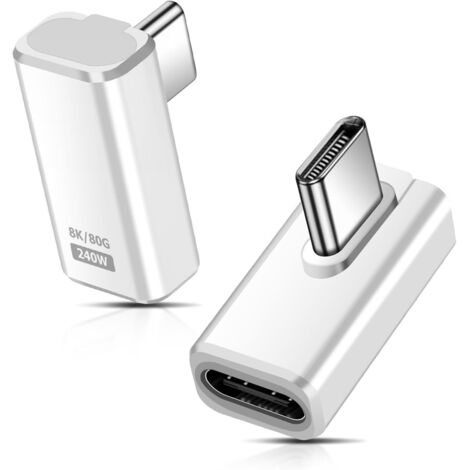 Lot de 2 adaptateurs d'extension USB C 90 ° 80 Gbps USB C mâle vers femelle 240 W Connecteur d'extension Thunderbolt 5 pour iPhone 15/16, tablette, téléphone, autres appareils de type C (blanc)