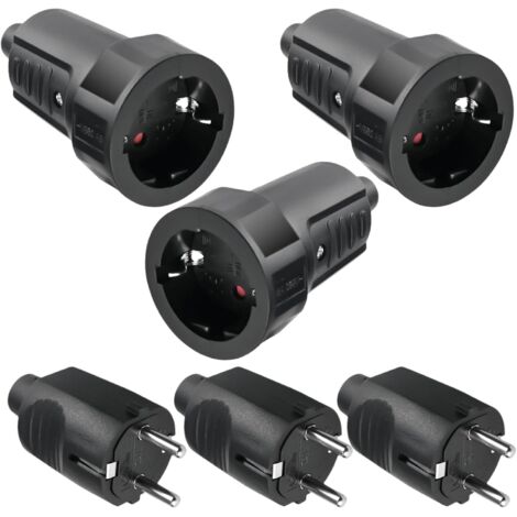 Lot de 3 paires de fiches Schuko - 250 V - 16 A - IP44 - En caoutchouc - Avec protection anti-torsion - 2 pôles - Extérieur étanche - Noir - Fiche Schuko et raccord en caoutchouc - Sans câbles (1/5)