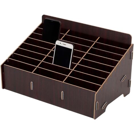 Boîte de rangement en bois  - 24 compartiments - Pour téléphone portable, bureau, école - Marron (1/5)