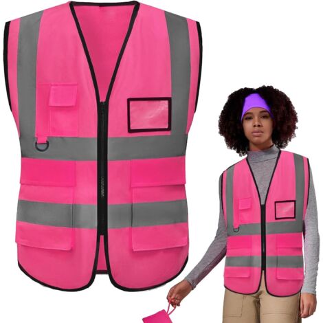 Rose Xl Gilet De Sécurité Avec Poches Et Fermeture Éclair,Gilet Fluorescent De Sécurité,Gilet De Securite Reflechissant,Gilet Reflechissant, Hi Viz Gilet Avec Zippé