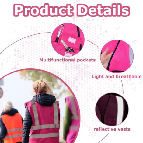 Gilet De Sécurité Fluorescent Rose XL Pour Femmes - Fermeture éclair, 5 Poches, Bandes Réfléchissantes Haute Visibilité