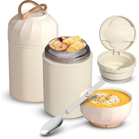 Thermos - Récipient isotherme pour aliments - 850 ml - En acier inoxydable - Avec couvercle - Cuillères réutilisables en acier inoxydable - Pour yaourt, céréales, aliments pour bébé, porridge (blanc) (1/5)