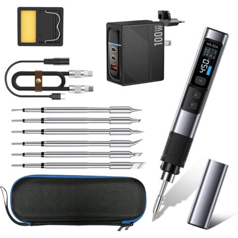 HS-02A Kit de fer à souder portable 100 W, mini fer à souder numérique intelligent, outil de stylo à souder DC/PD avec 6 pointes à souder, chauffage rapide 100-450 °C (1/5)