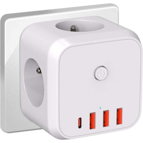 Multiprise cubique 7 en 1 avec protection contre les surcharges et les surtensions, 4 000 W/16 A, avec clapet de sécurité, portable, pour le bureau et les voyages – Blanche (1/4)