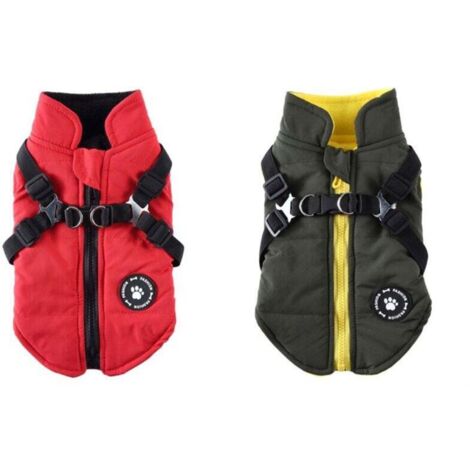 (L) Manteau rouge et vert pour chien avec harnais, imperméable, doublé chaud, pour chiots, pour chiens de petite et moyenne taille