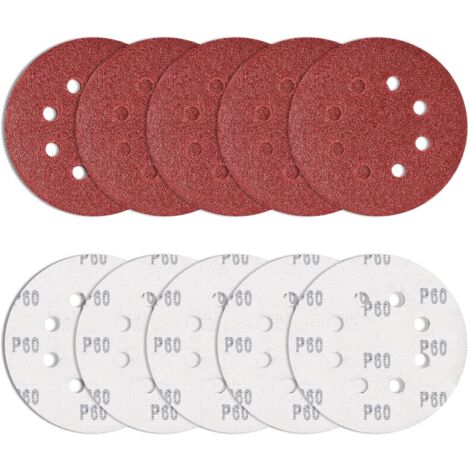 10 pièces Papier de Verre 125 mm Grain 60, disques abrasifs Ronds Ponceuse Excentrique Feuilles abrasives 8 Trous pour ébavurer et poncer Les Points de Soudure (1/5)