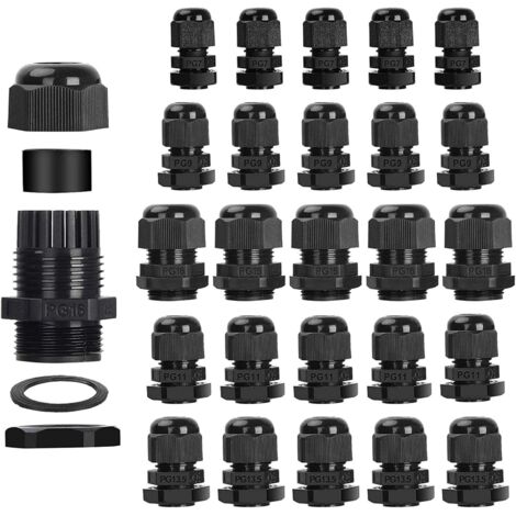 25 Pcs Presse-étoupes, Bolatus Étanche PG7, PG9, PG11, PG13.5, PG16 Contre-écrou Presse-étoupe Réglable 3-15mm Plastique Connecteurs de Câble Étanches (1/5)