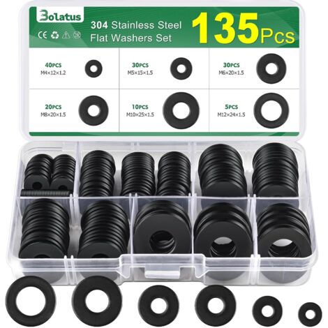 Lot de 135 rondelles plates en acier inoxydable Bolatus - 6 tailles - Rondelles de carrosserie M4, M5, M6, M8, M10, M12, pour vis et écrous (1/5)