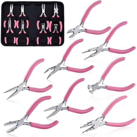 Lot de 8 pinces à bijoux - Outils de fabrication de bijoux - Mâchoire plate en nylon - Avec mâchoire lisse - Coupe longue et courbée - Rond - 6 en 1 - Pince d'emballage de fil pour perles (1/5)
