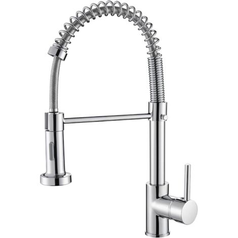 Robinet de cuisine avec mécanisme à ressort, douchette extractible, fonction pivotante à 360°, 2 jets, mitigeur monocommande avec bec haut et faible pression d'eau (chrome) (1/5)