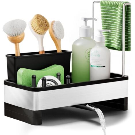 Alyvisun Grande Capacité Rangement Eponge Evier Cuisine avec Bac de Vidange Automatique, Organiseur Evier Cuisine en Acier Inoxydable avec Amovible Porte-brosse et Porte-chiffon (1/5)