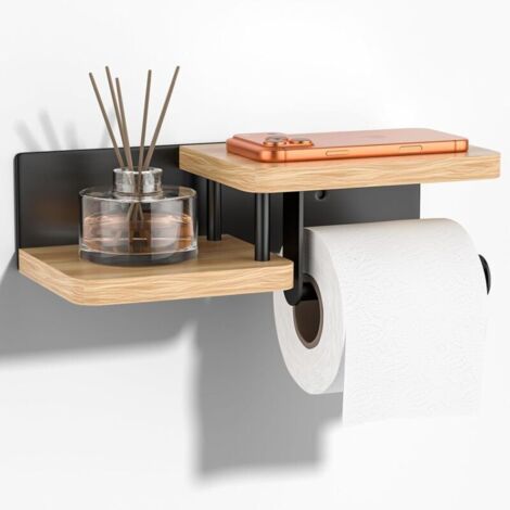 Porte-Papier Toilette avec Étagère – Chêne & Acier INOX, Trous de Fixation à vis, Support de Rouleau de Cuisine en Bambou pour Salle de Bain et Cuisine