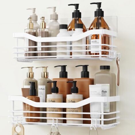 Lot de 2 étagères de douche adhésives en acier inoxydable sans perçage pour shampooing, après-shampooing, antirouille (blanc) (1/5)