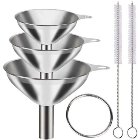 Lot de 6 entonnoirs en métal en acier inoxydable, grand et petit entonnoir, lot de 3, mini entonnoirs de qualité alimentaire pour la cuisine, remplissage de bouteilles, 2 brosses (1/5)