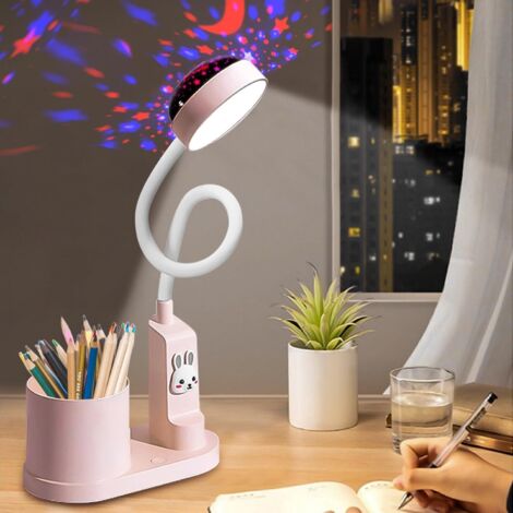 Lampe De Bureau Pour Enfants: Lampe De Chevet LED Avec Porte-Stylo, Lampe De Table Dimmable Avec Projection D'étoiles, Réglable à 360°, Pour Chambre D'enfant (Rose) (1/5)
