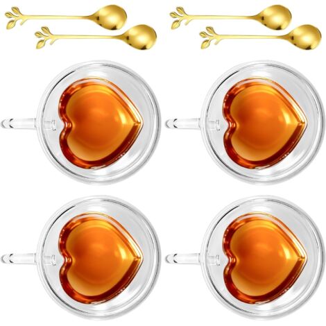 Lot de 4 tasses à cappuccino de 240 ml - Double paroi - Avec anse et cuillère - Tasses à expresso - Verres à thé - En forme de cœur - Pour café, latte, cappuccino, thé, lait (1/5)