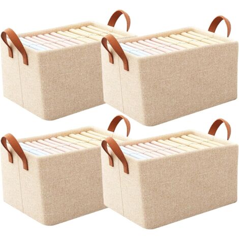 Boîte de rangement en tissu : 4 pièces paniers de rangement pliables avec poignées, organisateur de penderie en tissu, boîtes de rangement pour vêtements, serviettes, livres, 40 × 27 × 21 cm, beige