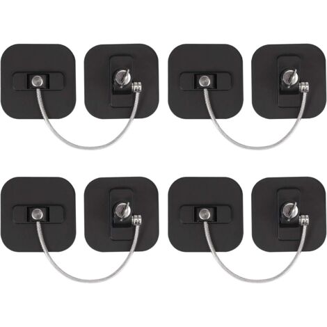 Verrou de fenêtre noir – Lot de 4 – Câble en acier inoxydable 182mm – Installation facile – Sécurise fenêtres et réfrigérateurs