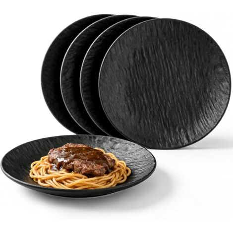 Lot de 4 assiettes plates en mélamine noire - Diamètre : 20,2 x 2,2 cm - Réutilisables - Pour jardin, pique-nique, camping, déjeuner, dîner