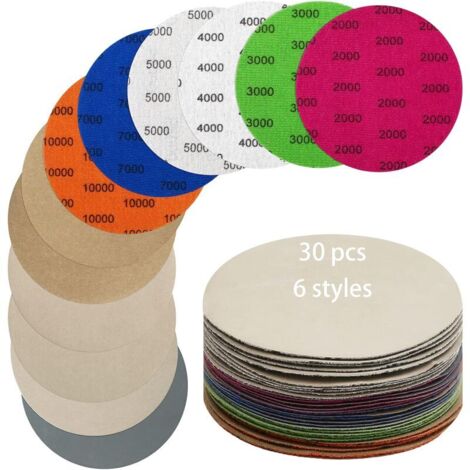 Lot de 30 Disques de Ponçage, Rond Papier de Verre 125 Mm Grain 2000/3000/4000/5000/7000/10000 Papier à Poncer Sec/Humide Utilisé (1/5)